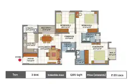 Shriram 122 West 3 BHK floor plan, 1285 sq ft carpet area