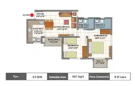 Shriram 122 West 2.5 BHK floor plan, 1157 sq ft carpet area